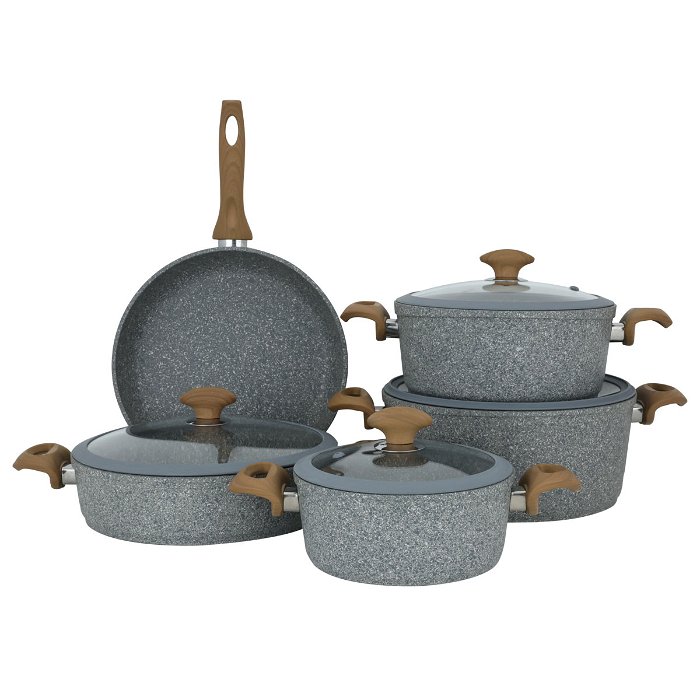 Light grey Turkish granite pots set with glass lid with light wooden silicone handle 9 pieces image 1