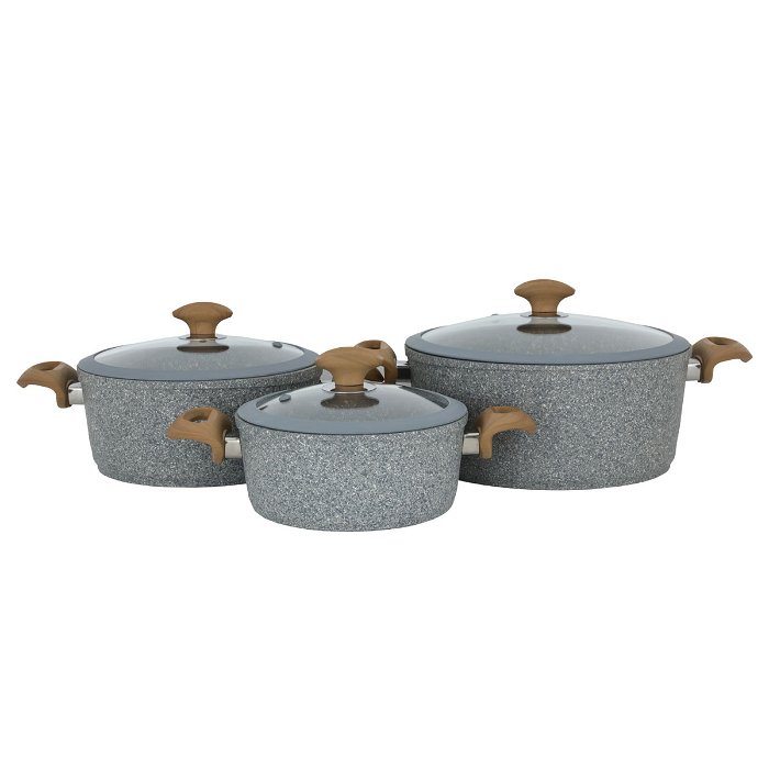 Light grey Turkish granite pots set with glass lid with light wooden silicone handle 9 pieces image 2
