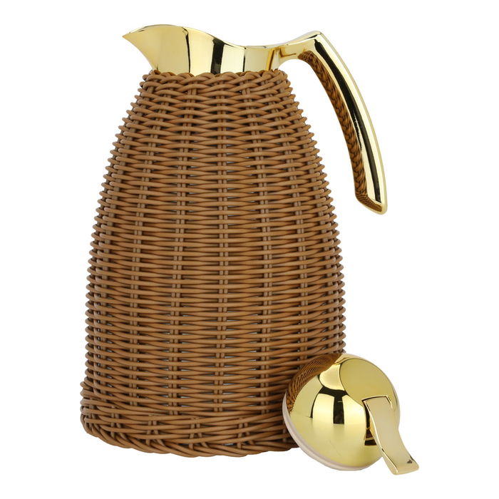 Rattan wicker thermos, brown with a golden handle, 1.5 liter image 3