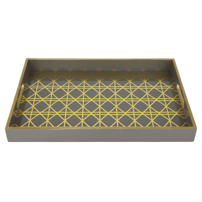 India Serving Tray, Rectangular Wood with Gold Checkered Cappuccino image 2