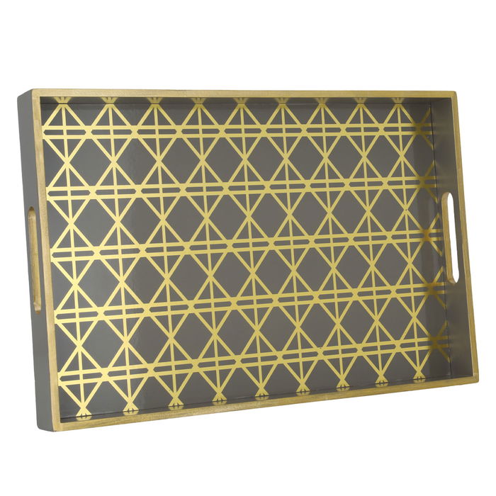 India Serving Tray, Rectangular Wood with Gold Checkered Cappuccino image 1