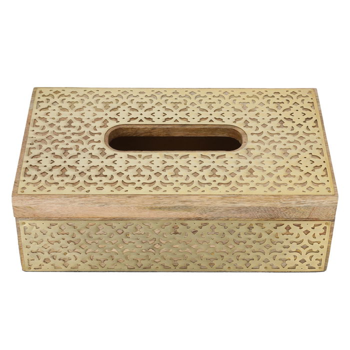 India wooden napkin box with engraved metal pattern gold image 1