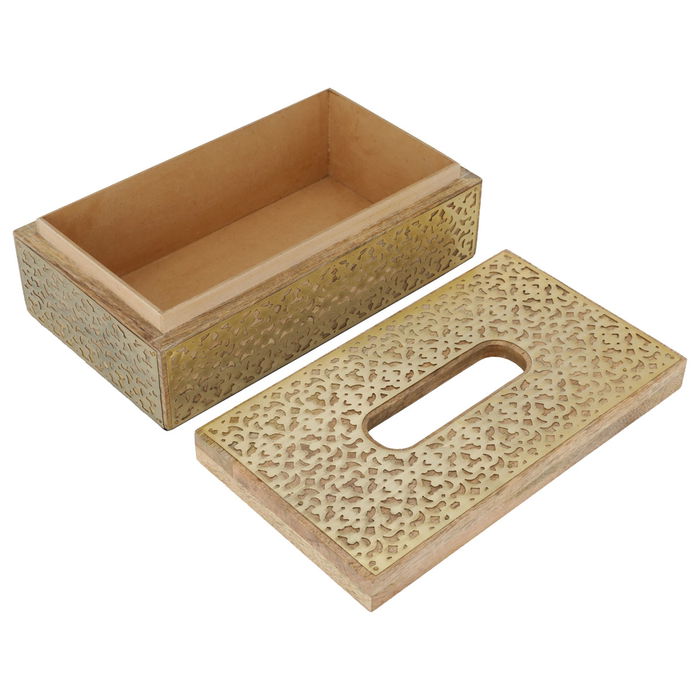 India wooden napkin box with engraved metal pattern gold image 2