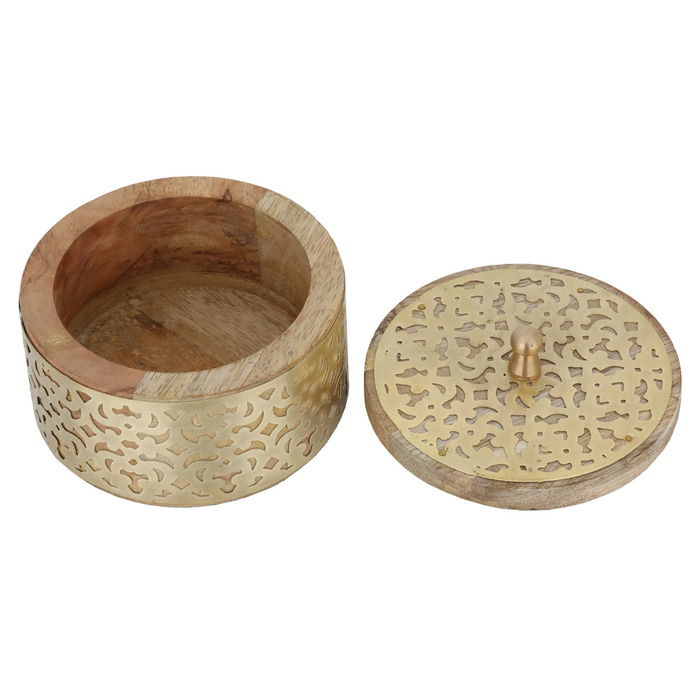 India Round wooden dates with gold engraved metal pattern image 3