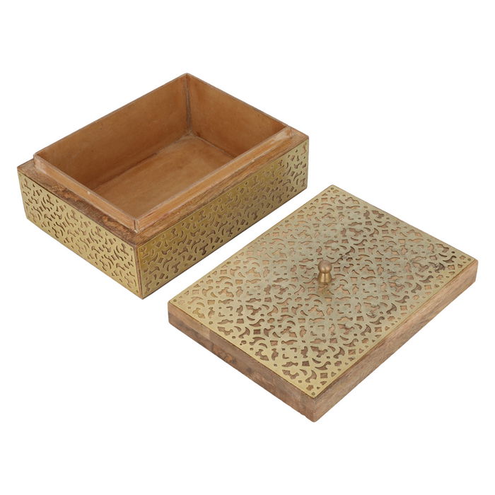 India rectangular wooden box with engraved metal pattern gold image 2