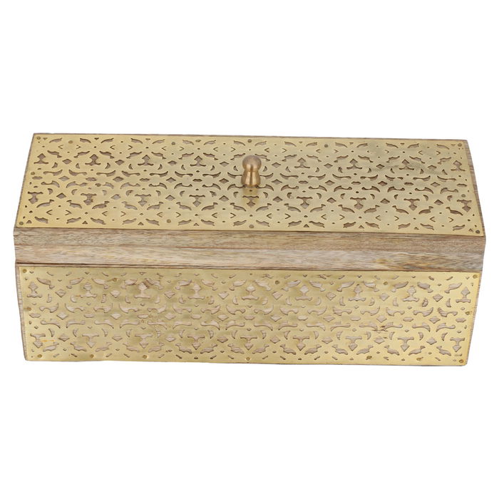 India rectangular wooden box divided with engraved metal pattern gold image 1