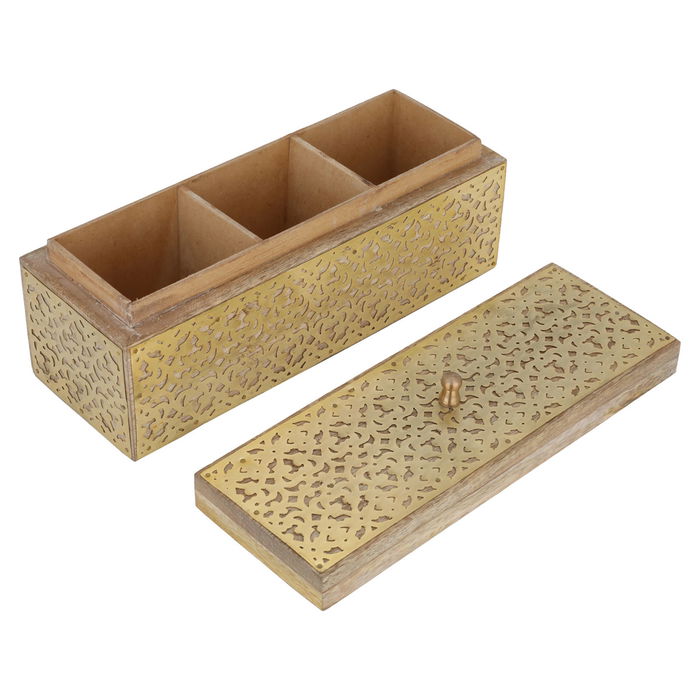 India rectangular wooden box divided with engraved metal pattern gold image 2