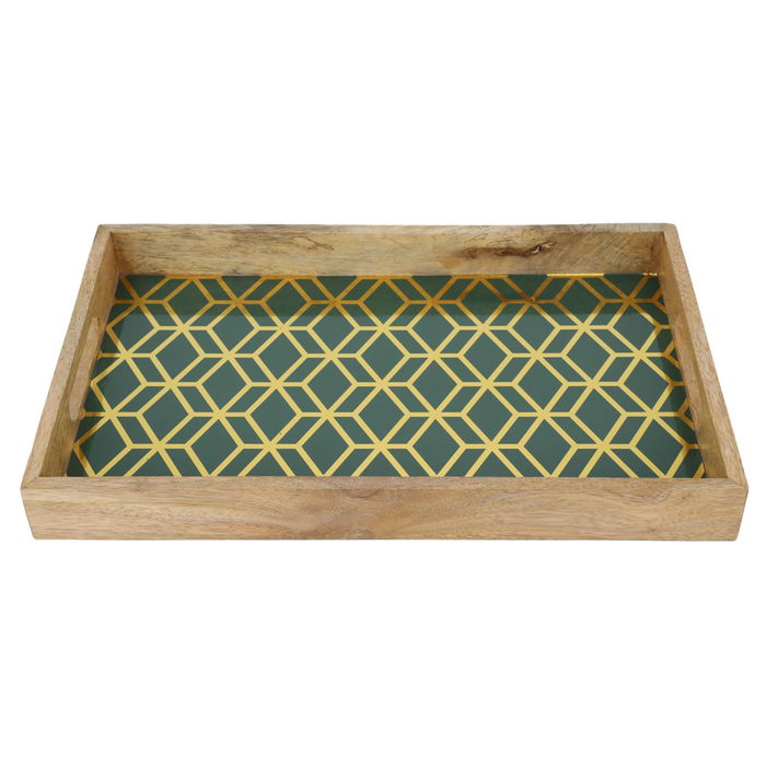 India Serving Tray, Rectangular Wood with Gold and Green Embossing image 2