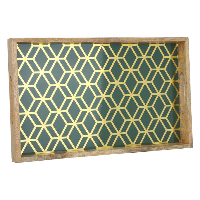 India Serving Tray, Rectangular Wood with Gold and Green Embossing image 1