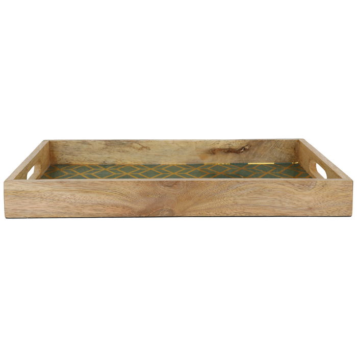 India Serving Tray, Rectangular Wood with Gold and Green Embossing image 3