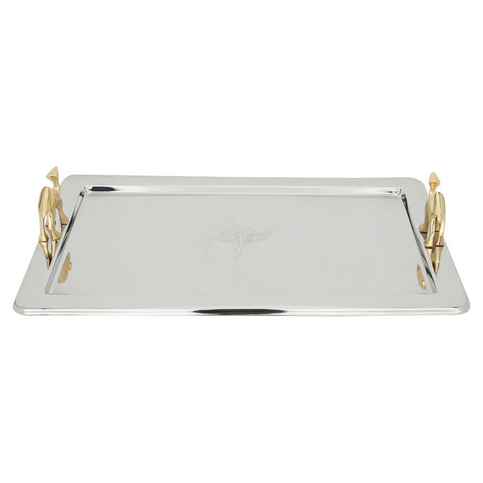 India Serving Tray, Shiny Silver Rectangular Steel with Golden Camel Handle image 2