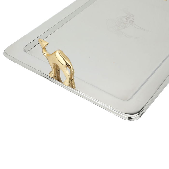 India Serving Tray, Shiny Silver Rectangular Steel with Golden Camel Handle image 3