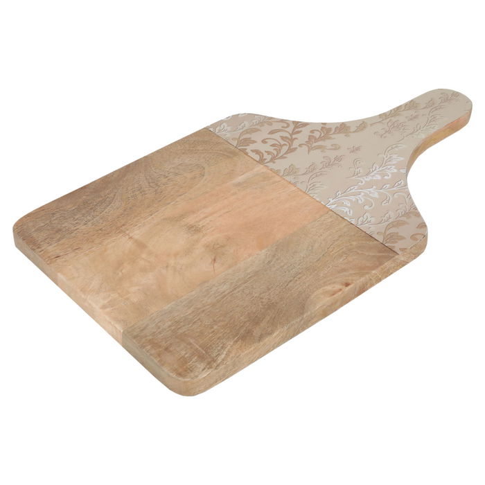 India rectangular wood serving board with large beige wooded hand image 2