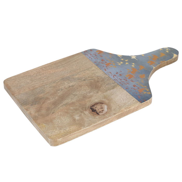 India rectangular wood serving board with large blue wooded hand image 1