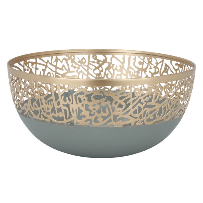 India round light grey bowl with large gold Arabic pattern hem image 1