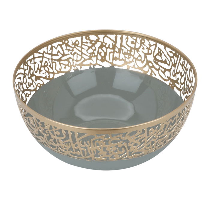 India round light grey bowl with large gold Arabic pattern hem image 2