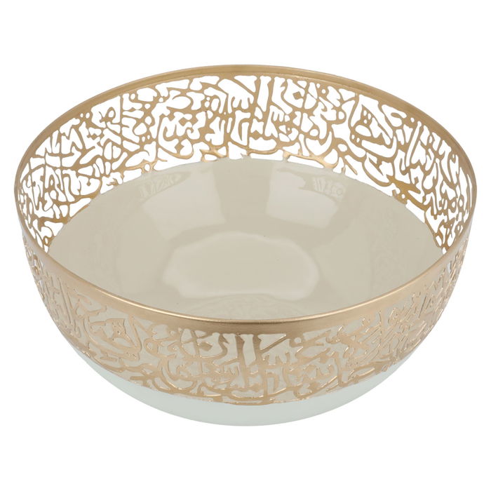 India Round Bowl Light Beige with Large Gold Arabic Pattern Edge image 2