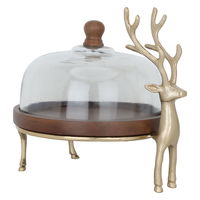 Cake serving stand, wooden round with a golden base and a glass cover product image