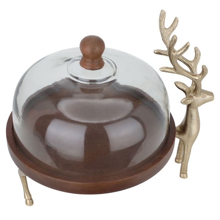 Cake serving stand, wooden round with a golden base and a glass cover image 2