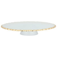 A transparent glass cake stand with a golden rim and a base product image