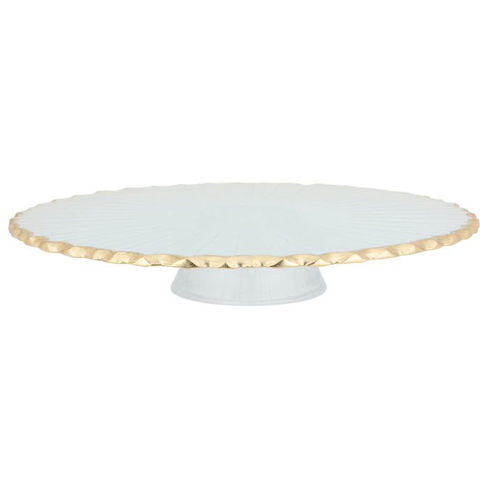 A transparent glass cake stand with a golden rim and a base image 1