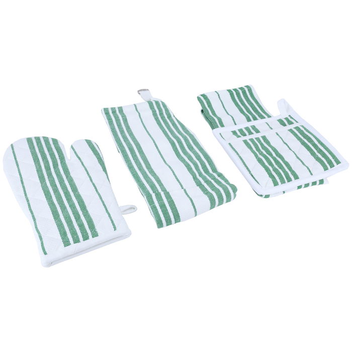 Set (towels + apron + glove + bowl holder) green and white 4 pieces image 1