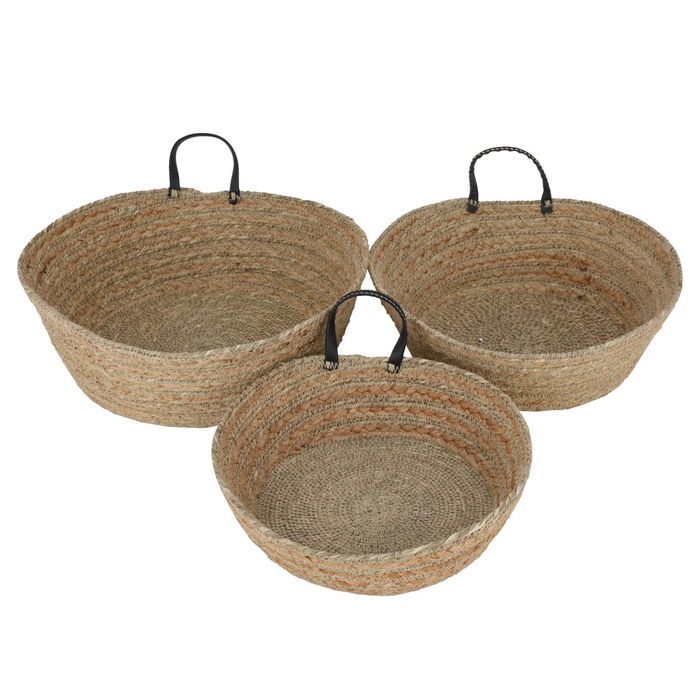 India Beige Wicker Basket Set Black 3 Pieces image 2