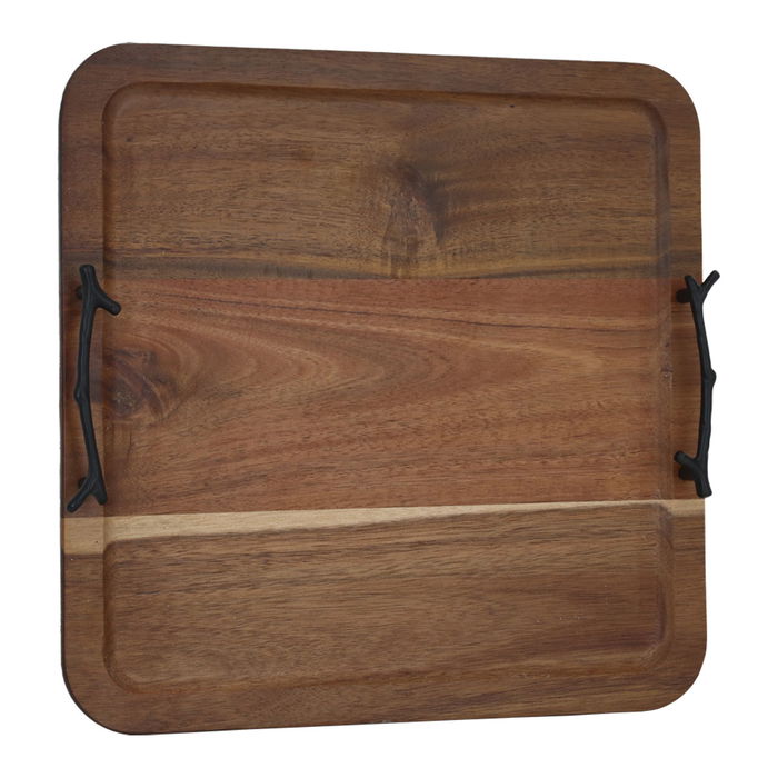 Serving tray, square wooden with black steel handle image 1