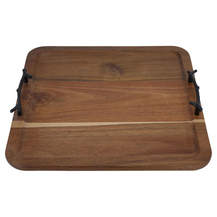 Serving tray, square wooden with black steel handle image 2