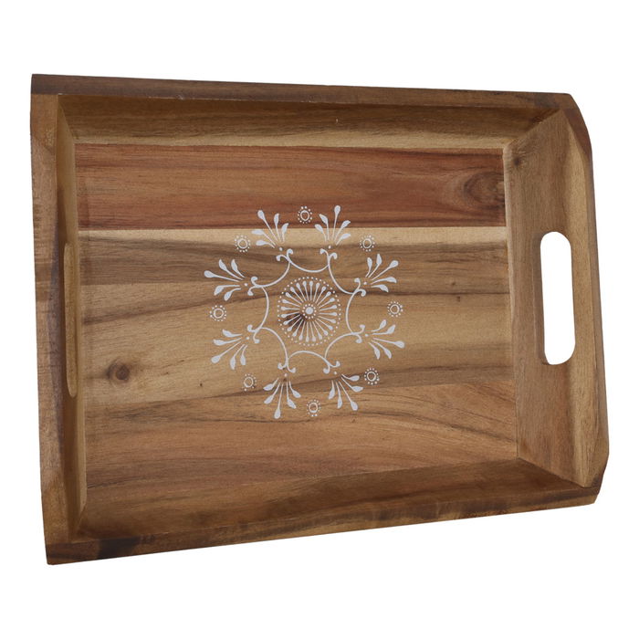 Serving Tray, Wooden Rectangle, White Pattern image 1