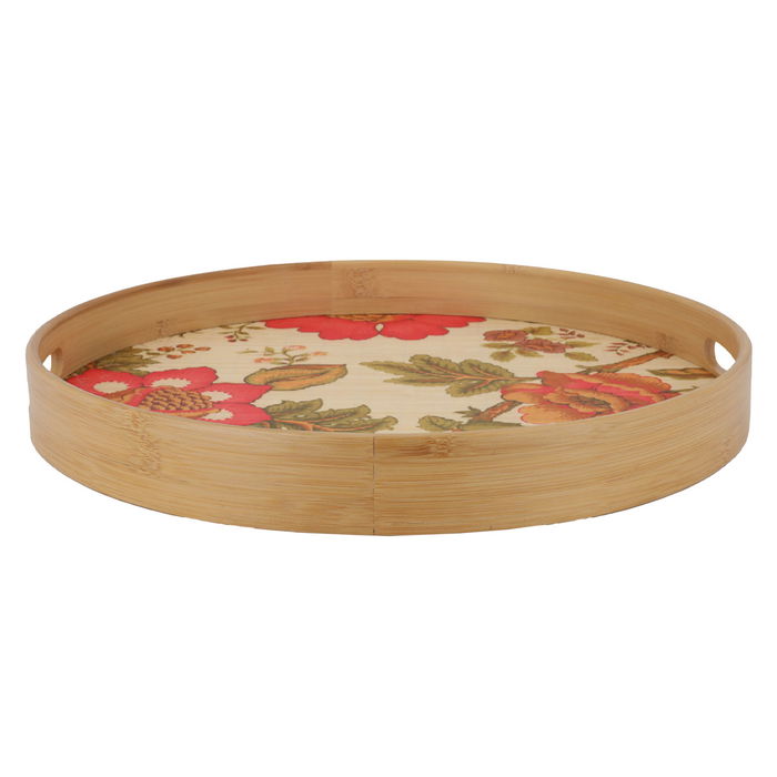 Serving Tray, Wooden Bamboo Circular Flower Pattern image 2