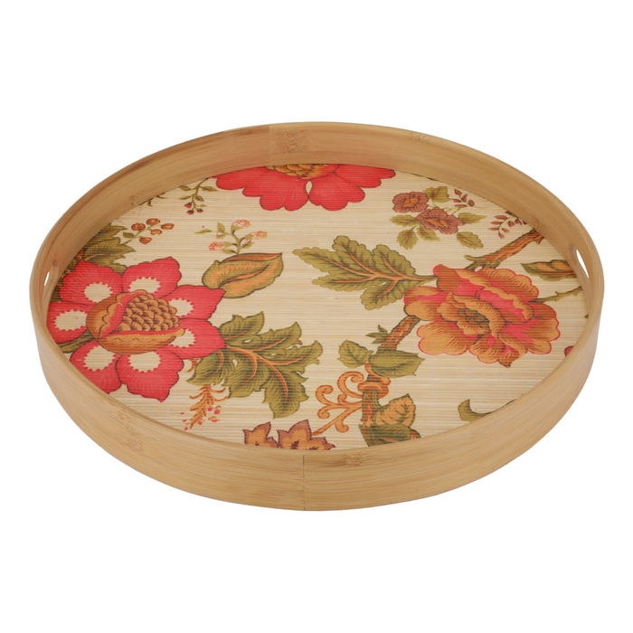 Serving Tray, Wooden Bamboo Circular Flower Pattern image 3