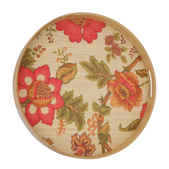 Serving Tray, Wooden Bamboo Circular Flower Pattern image 1