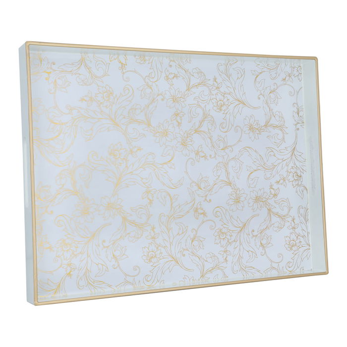 Serving Tray, Cream Lily Rectangular Plastic, Gold Rose Pattern image 1