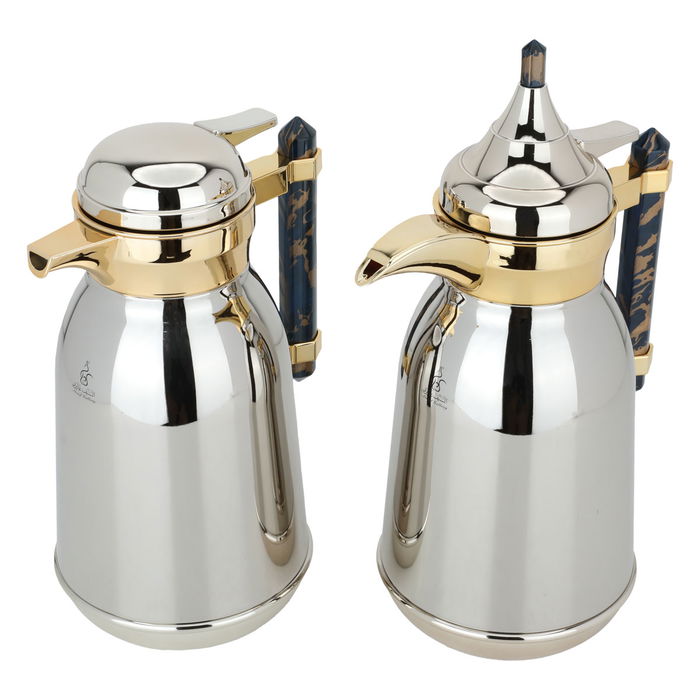 Shahd Thermos set, silver, steel, golden mouth, with a dark blue marble handle, two pieces image 2