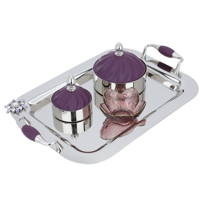 Silver acetylin raft set with 2 dates with purple lid Glass bowl 4 pieces image 1