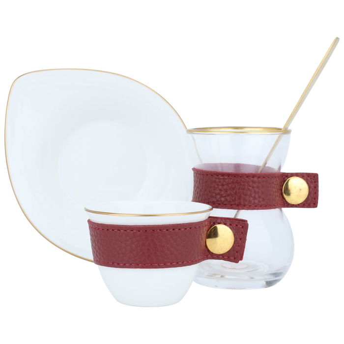 Set (Saudi coffee cups porcelain + glass cups) red leather belt 24 h image 1