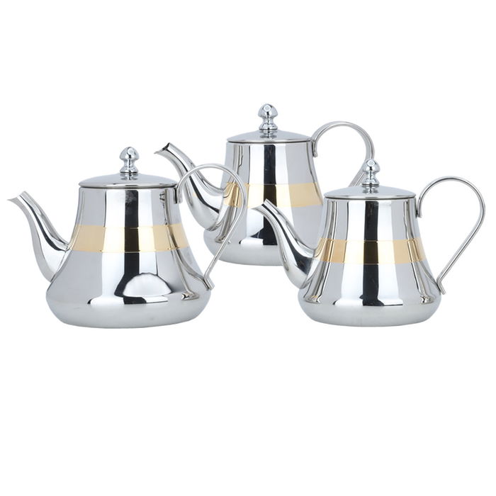 Silver Steel Teapot Set with Gold Line 3 Pieces image 1