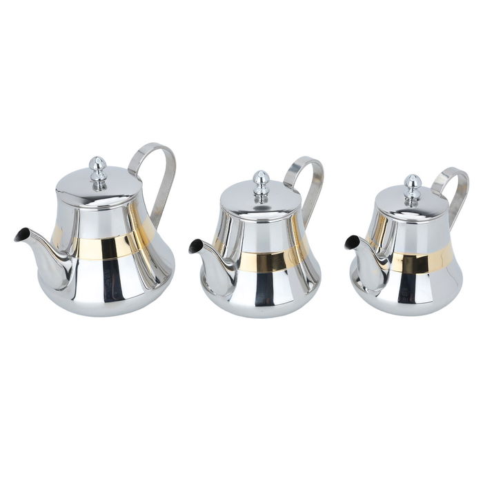 Silver Steel Teapot Set with Gold Line 3 Pieces image 2