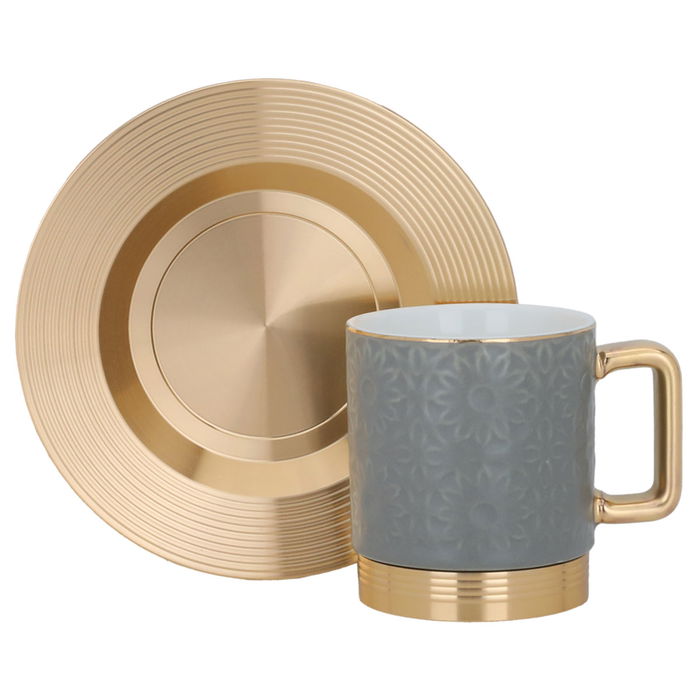 Grey Porcelain Coffee Cup Set with Golden Steel Plate 12 Pieces image 1