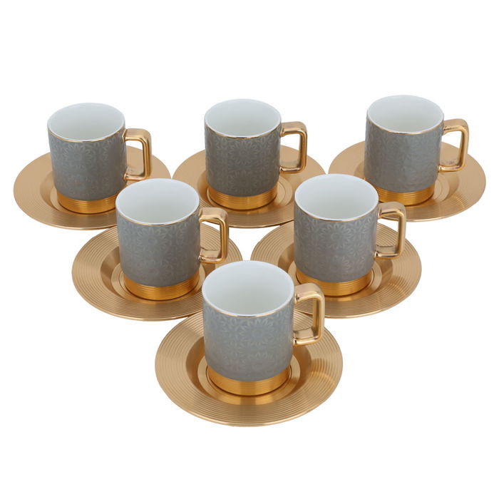 Grey Porcelain Coffee Cup Set with Golden Steel Plate 12 Pieces image 2