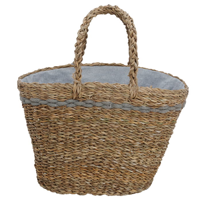 Beige wicker bag with gray thread on the handle image 1