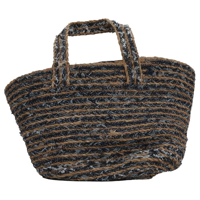 Beige wicker bag with blue fabric handle image 2