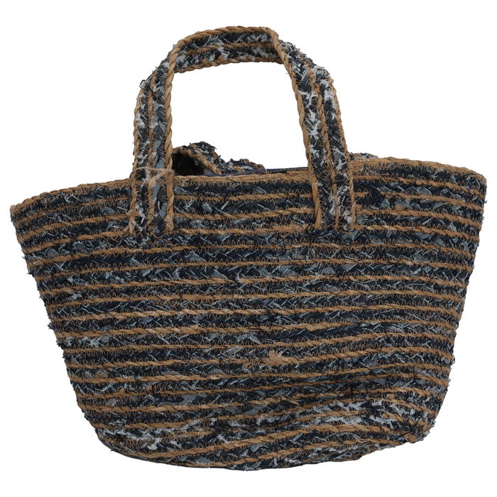 Beige wicker bag with blue fabric handle image 1