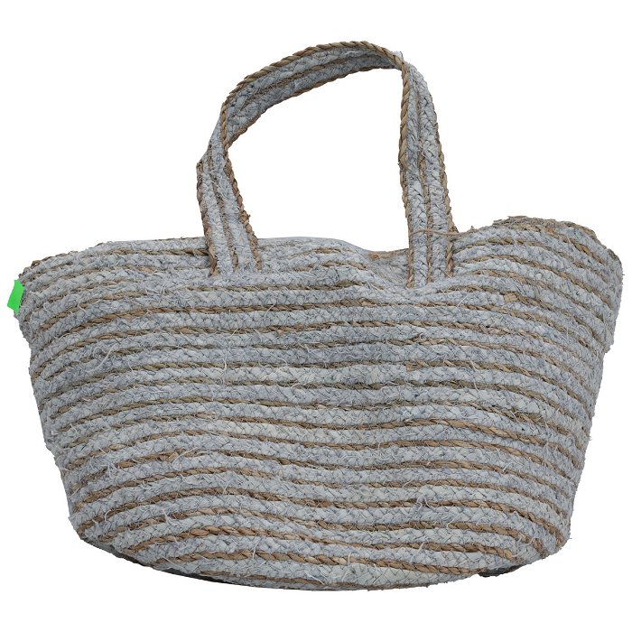 Beige wicker bag with gray fabric handle image 2