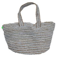 Beige wicker bag with gray fabric handle product image