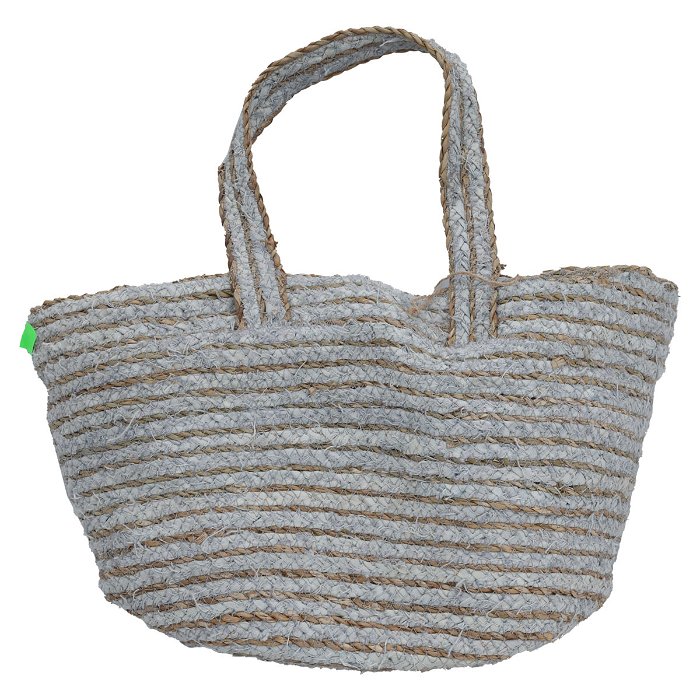 Beige wicker bag with gray fabric handle image 1