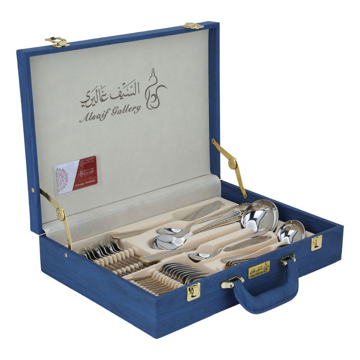 A set of gold steel spoons engraved with a blue leather bag, 72 pieces image 2