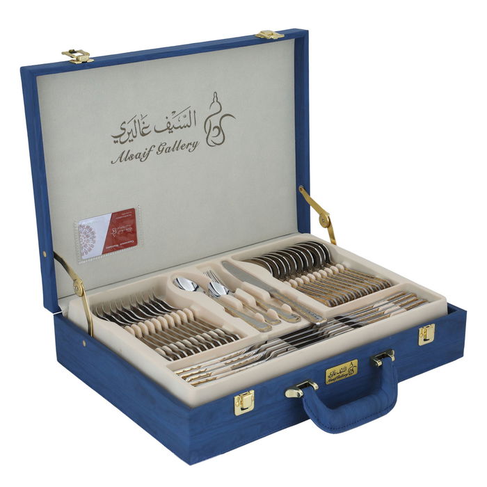 A set of gold steel spoons engraved with a blue leather bag, 72 pieces image 1