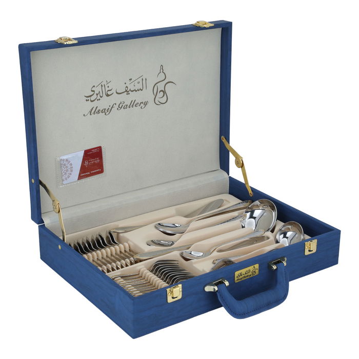 A set of gold-patterned steel spoons with a blue leather bag, 72 pieces image 2